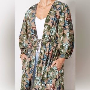 EVEREVE Mindy Floral Tie Front Midi Wrap Top Beach Swim Cover Tropical Green M/L